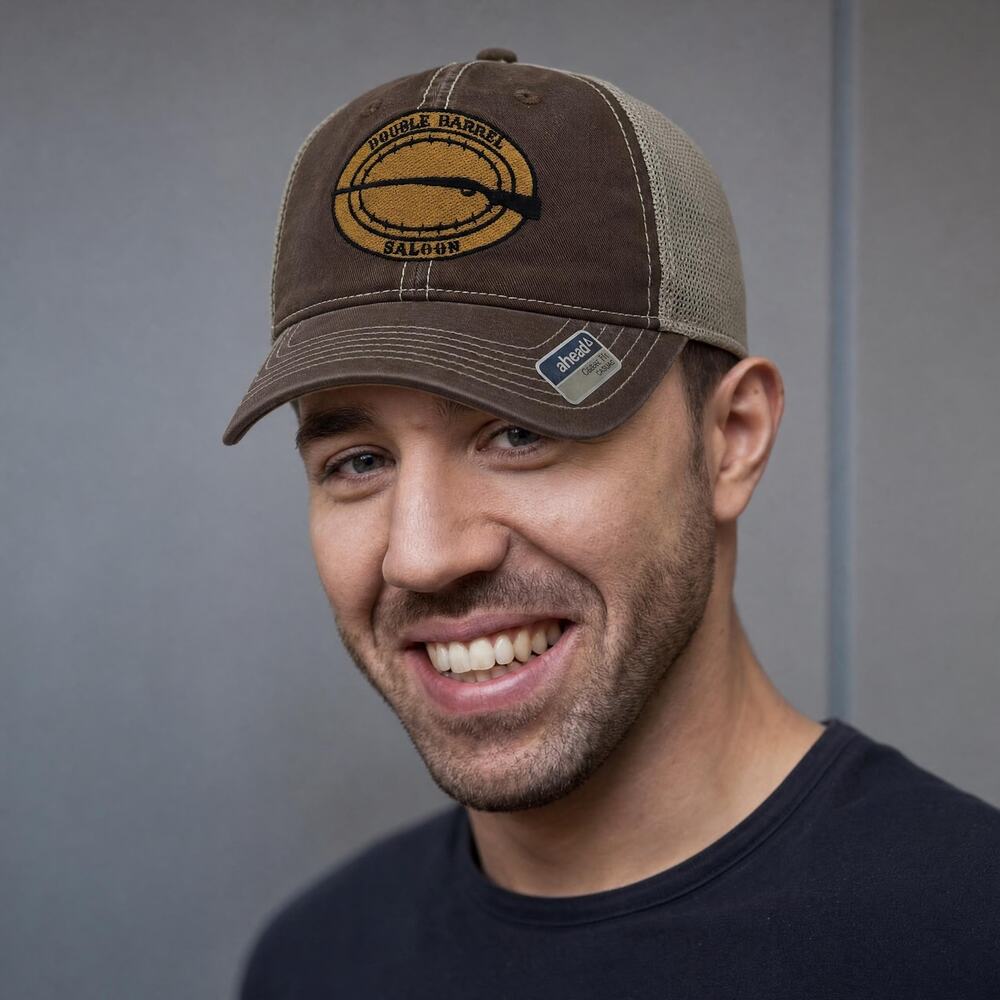 Double Barrel Saloon Mesh Trucker Hat, Brown & Yellow Shotgun Cap, Vintage Style